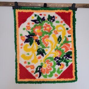 Vintage Floral Shag Latch Hook Rug Boho Retro Hippie 70s Wall Hanging